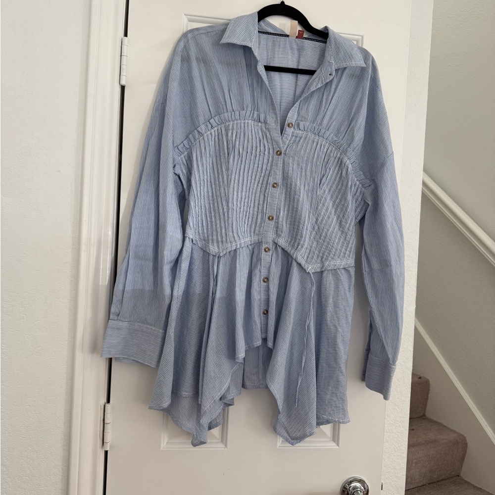 Pilcro Light Blue Pinstripe Peplum Button-Down Blouse - Picture 2 of 8